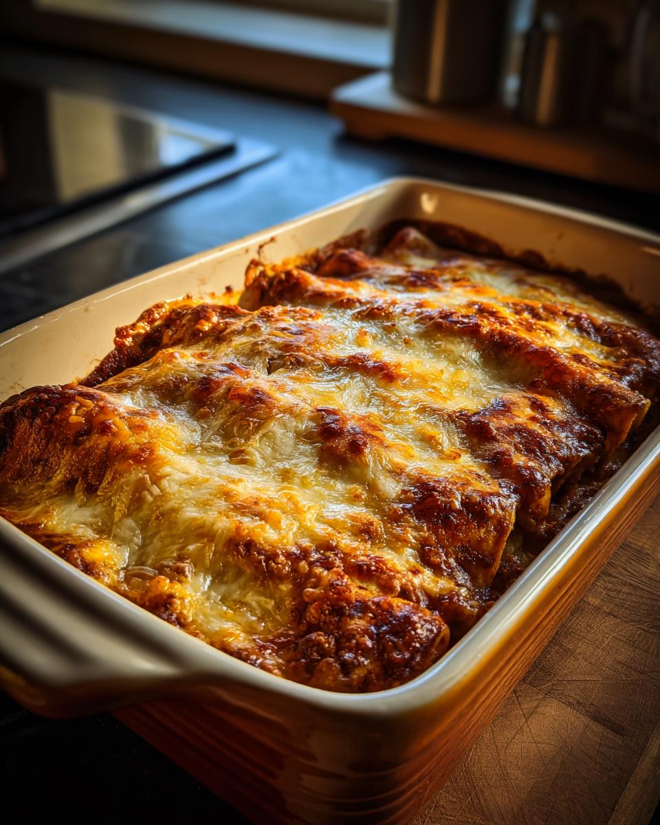 A baking dish filled with Delicious Easy Ground Beef Enchiladas, topped with melted, bubbly cheese.