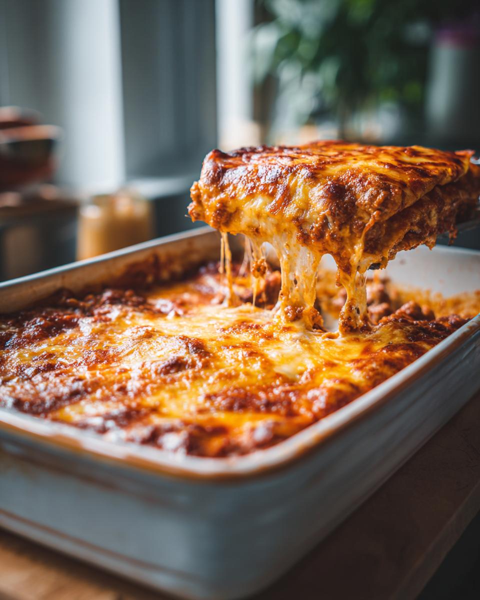 A slice of Delicious Easy Ground Beef Enchiladas being lifted from a baking dish, with melted cheese stretching.