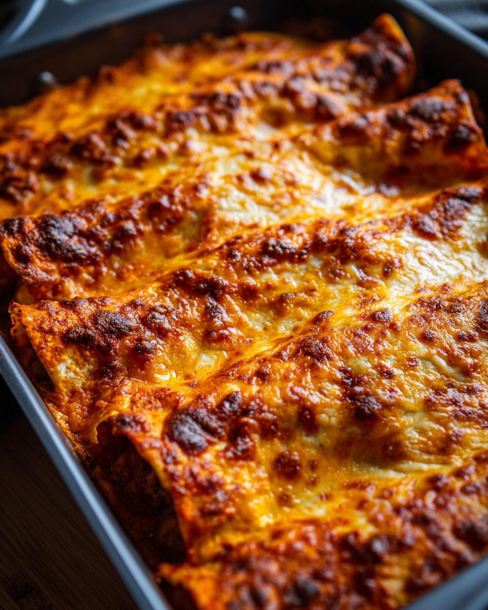 Close-up of bubbling cheese on top of delicious easy ground beef enchiladas in a baking dish.