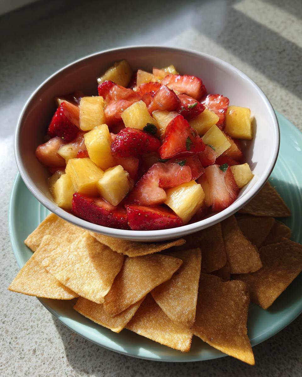 A bowl of fresh fruit salsa made with strawberries and pineapple, served with cinnamon chips.