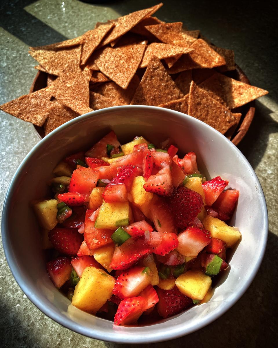 A bowl of fresh, chopped fruit salsa with strawberries and pineapple next to a pile of cinnamon chips.