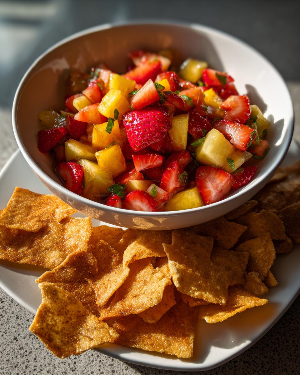 A bowl of fresh fruit salsa with strawberries and pineapple, served with cinnamon chips.