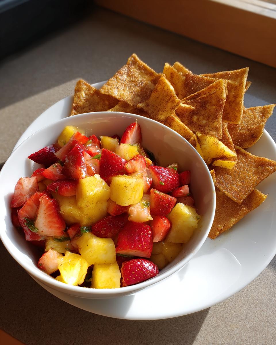 A bowl of fresh fruit salsa with strawberries and pineapple, served with cinnamon chips.