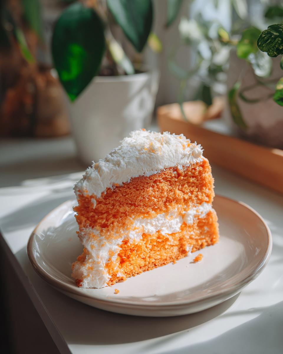 A slice of moist Creamsicle Cake with layers of orange cake and white frosting, topped with shredded coconut.