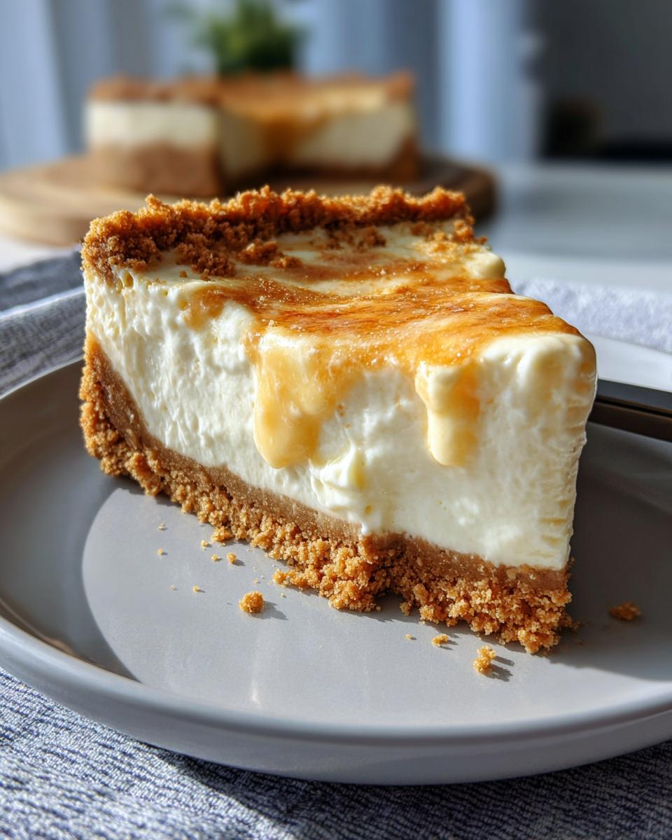 A delicious slice of easy no bake cheesecake with a graham cracker crust and caramel topping.
