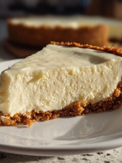 A delicious slice of easy no bake cheesecake with a graham cracker crust on a white plate.