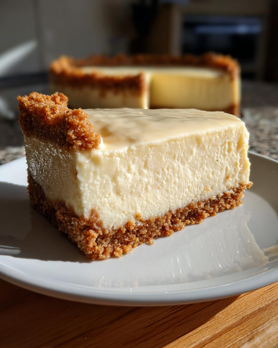 A close-up of a slice of easy no bake cheesecake with a graham cracker crust and creamy filling.