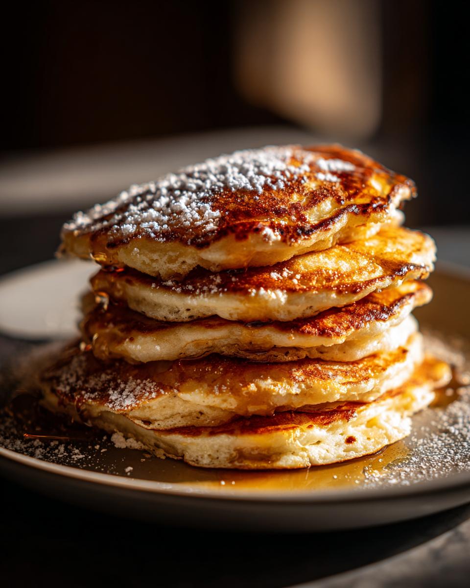 A stack of golden-brown fluffy pancakes dusted with powdered sugar and drizzled with syrup.