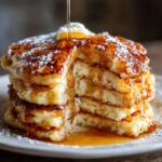 A tall stack of fluffy pancakes, drizzled with syrup and dusted with powdered sugar.