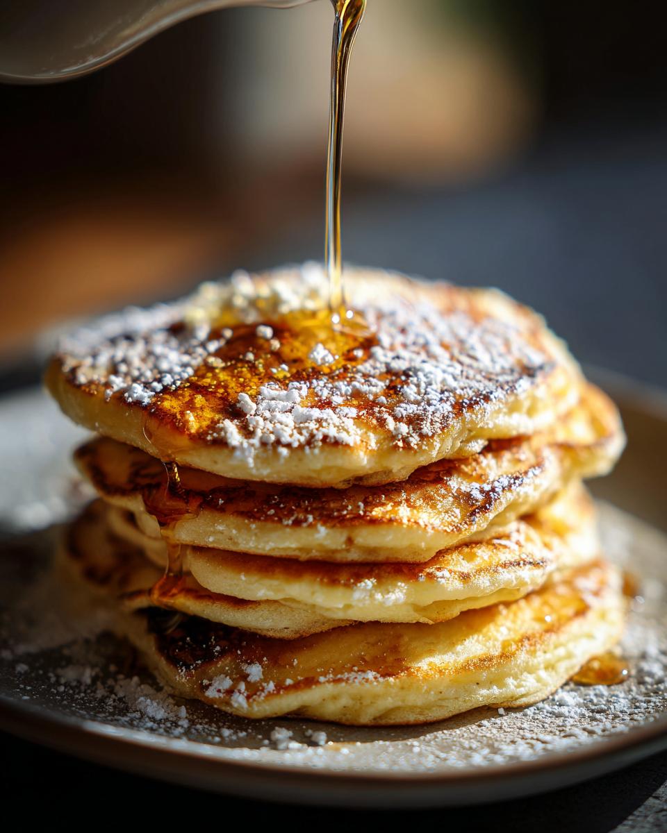A stack of fluffy pancakes being drizzled with syrup and dusted with powdered sugar.