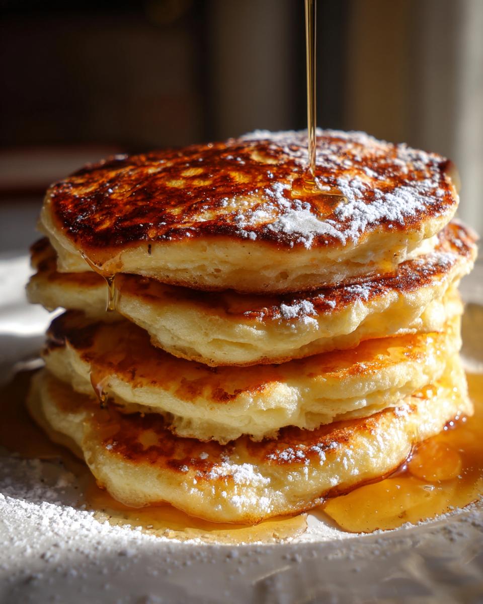 A stack of fluffy pancakes topped with powdered sugar and drizzled with syrup.