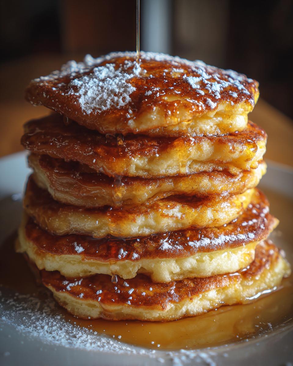 A tall stack of fluffy pancakes drizzled with syrup and dusted with powdered sugar.