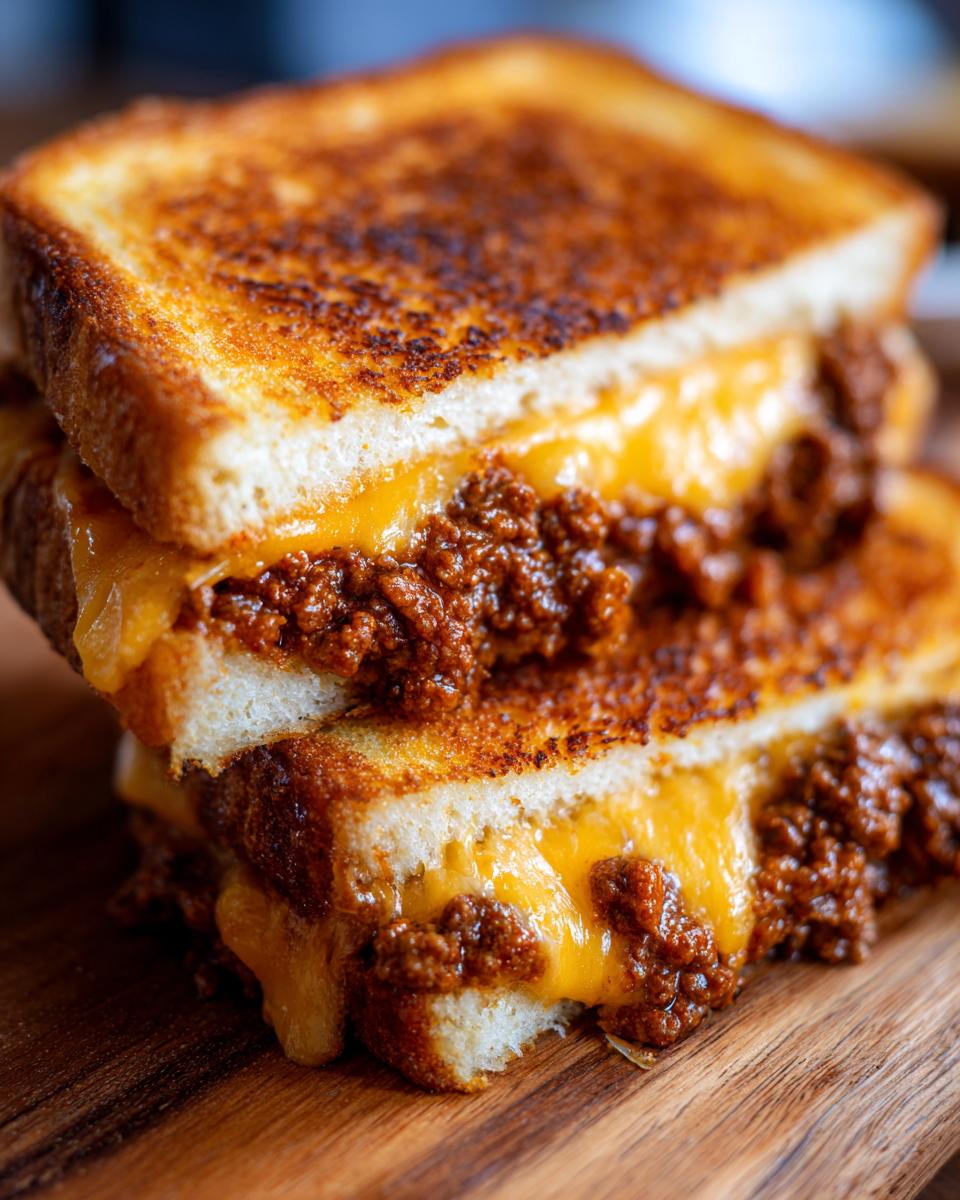 Close-up of a stack of Irresistible Grilled Cheese Sloppy Joes, showing melted cheese and savory filling between toasted bread.
