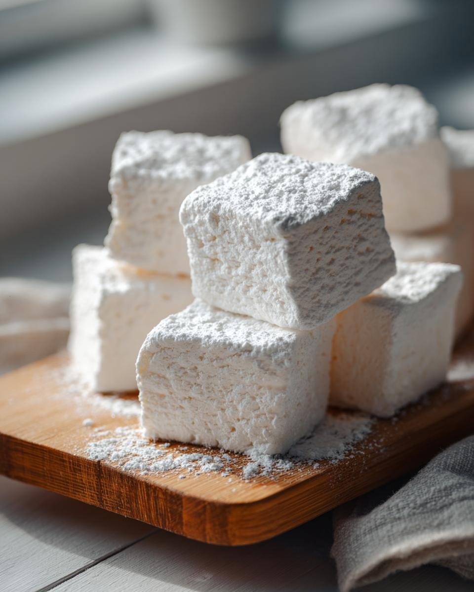 A stack of fluffy, white homemade marshmallows dusted with powdered sugar on a wooden board.