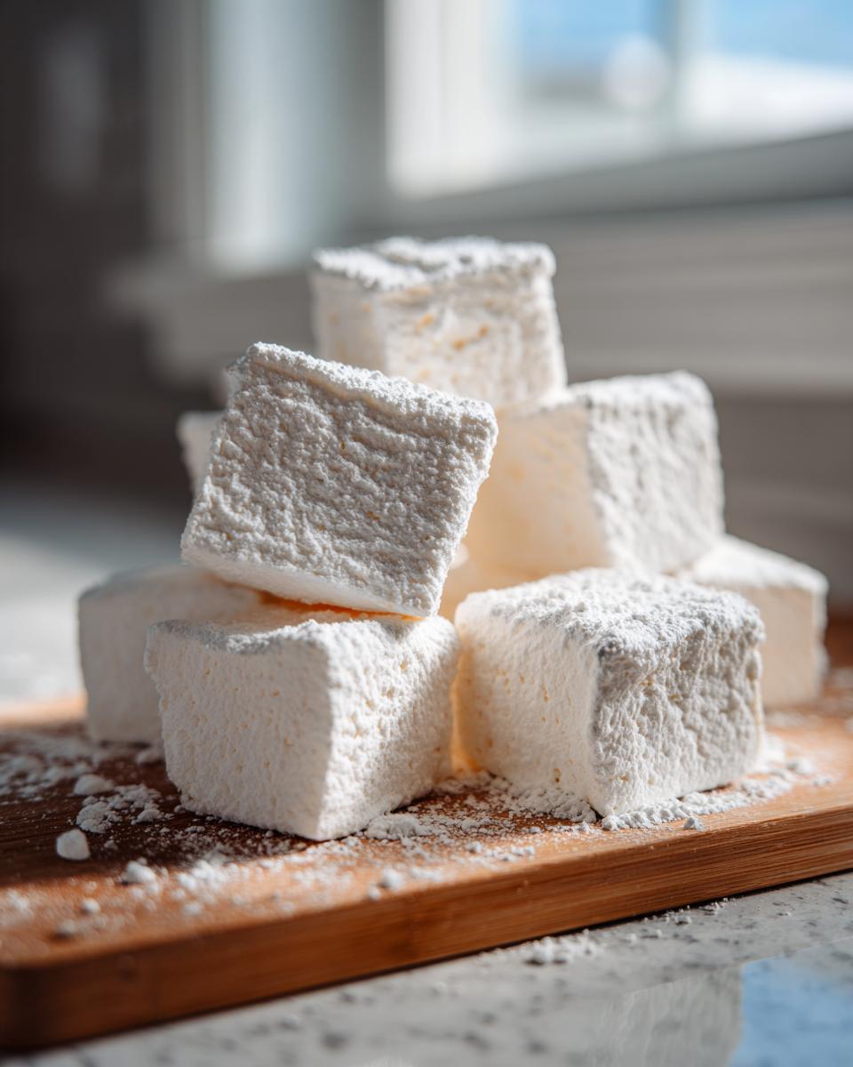 A stack of fluffy, white homemade marshmallows dusted with powdered sugar on a wooden board.