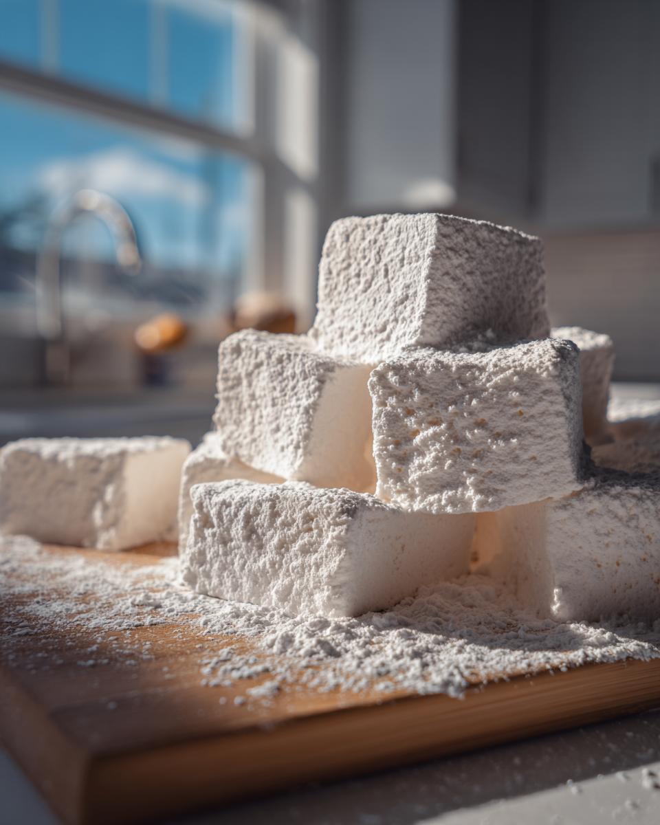 A pile of fluffy, powdered sugar-dusted homemade marshmallows stacked on a wooden board.