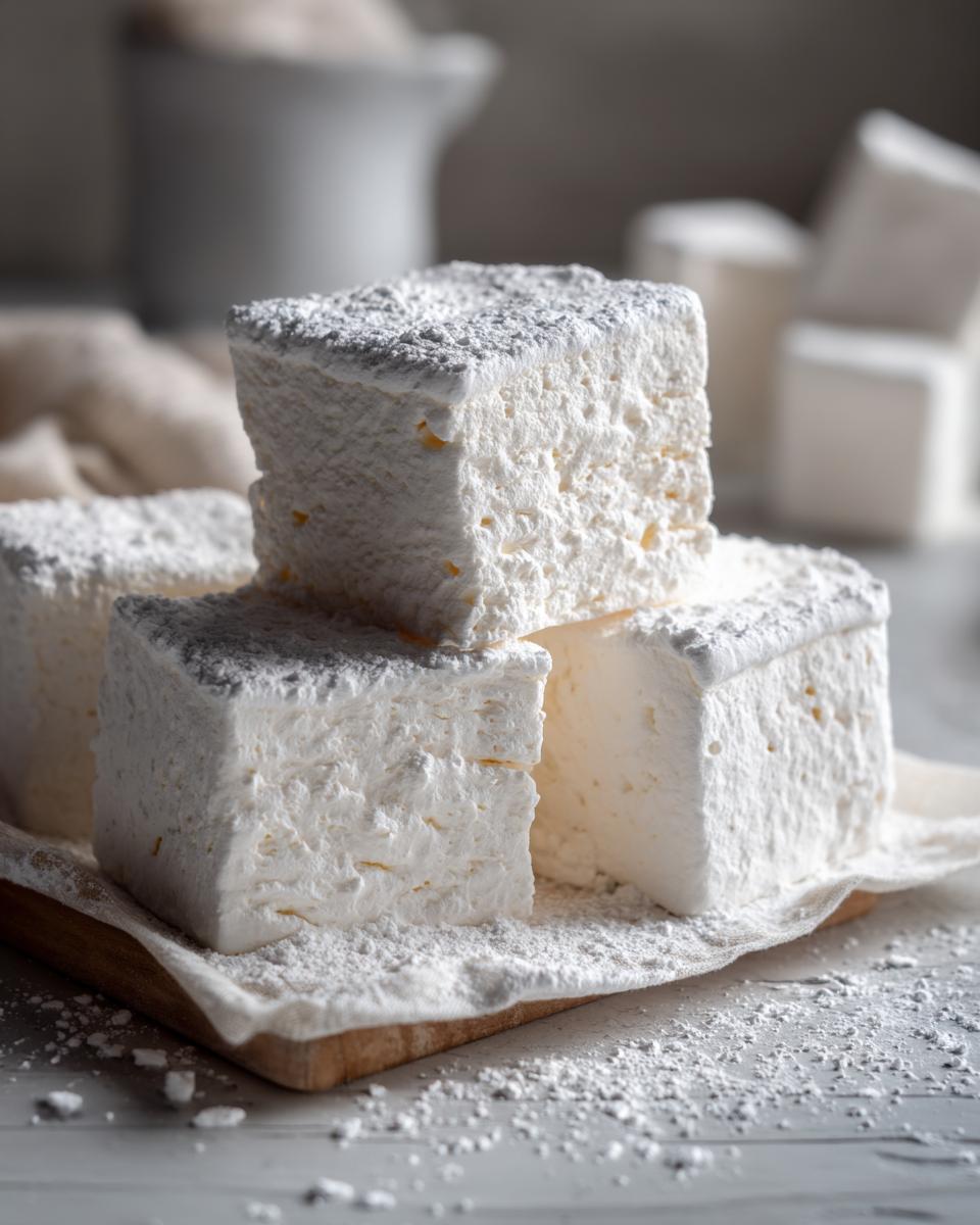 A stack of fluffy, powdered sugar-dusted homemade marshmallows on a wooden board.