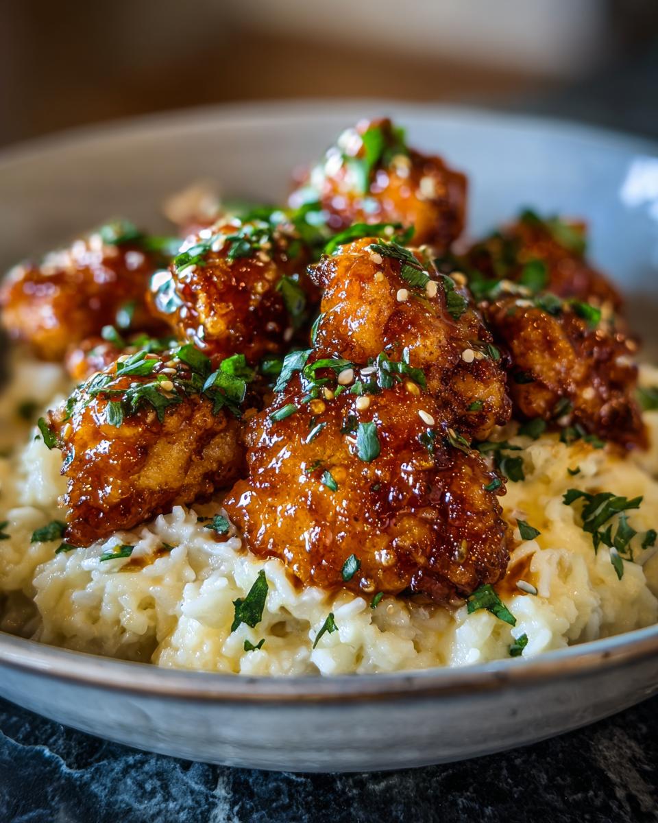 Close-up of Honey Garlic Chicken Bites piled on top of creamy parmesan rice, garnished with sesame seeds and parsley.