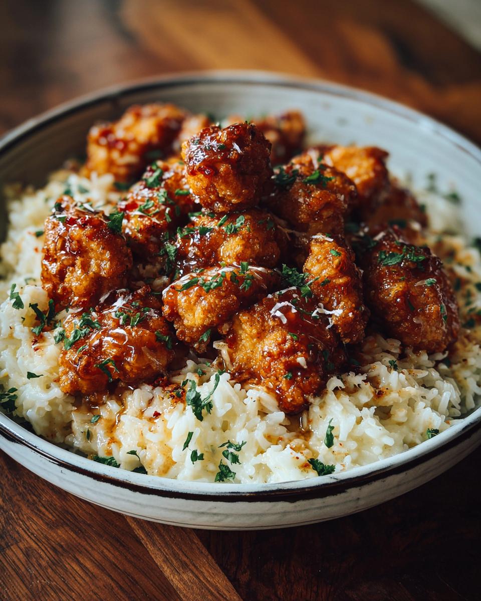 Close-up of Honey Garlic Chicken Bites piled high on a bed of creamy Parmesan rice, garnished with fresh parsley.