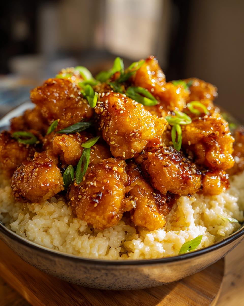 A bowl of Honey Garlic Chicken Bites piled high on creamy Parmesan rice, garnished with green onions and sesame seeds.