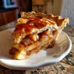 A generous slice of Irresistible Caramel Apple Pie, showcasing flaky crust and gooey apple filling drizzled with caramel.