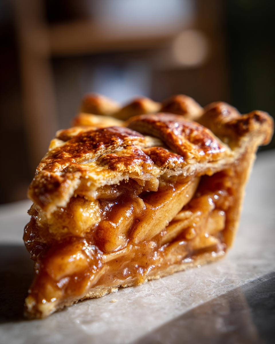 A close-up of a slice of Irresistible Caramel Apple Pie, showcasing the flaky crust and gooey caramel apple filling.