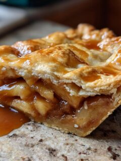 A close-up of a thick slice of Irresistible Caramel Apple Pie, showing flaky crust and gooey caramel filling.