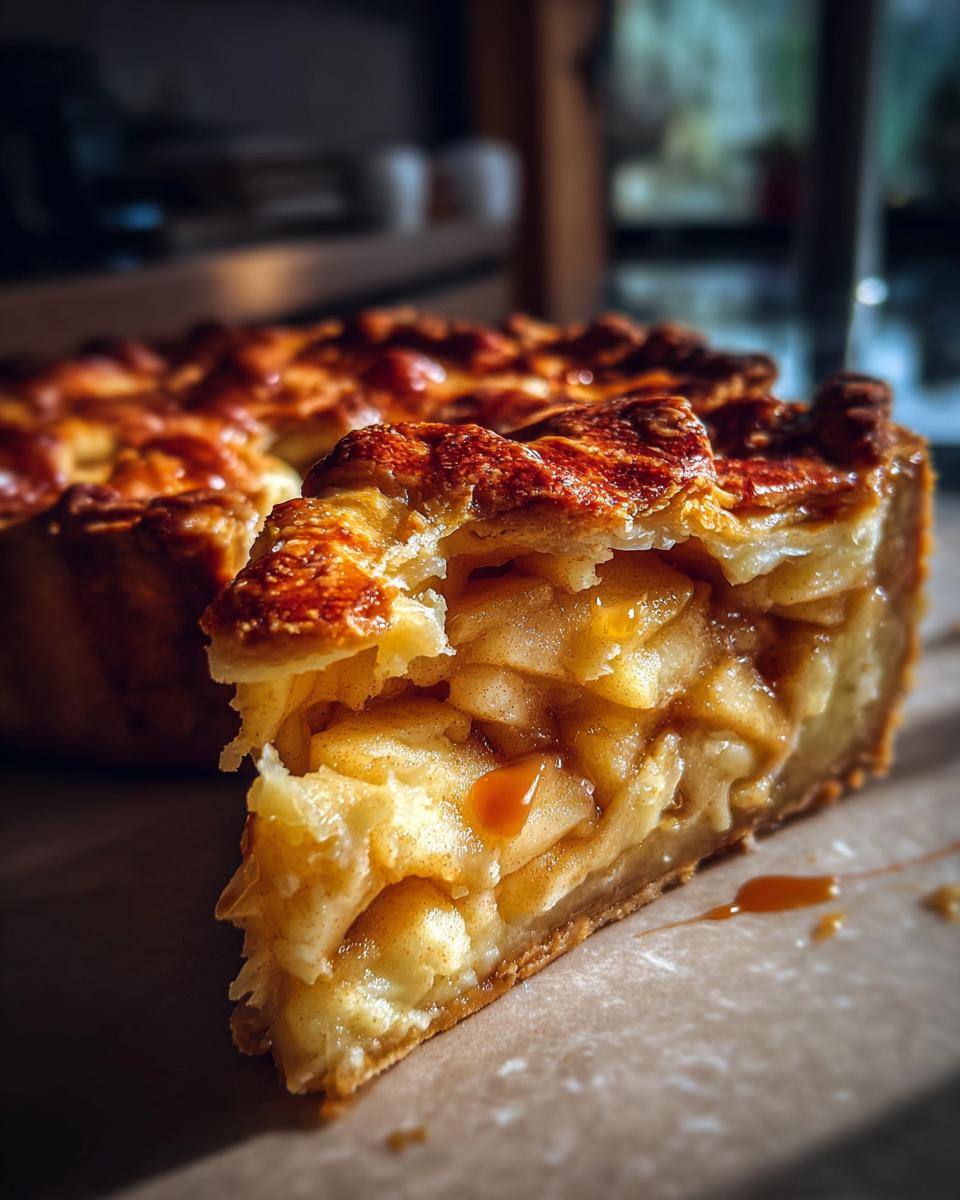 A close-up of a slice of Irresistible Caramel Apple Pie, showcasing the flaky crust and gooey apple filling with caramel drizzle.