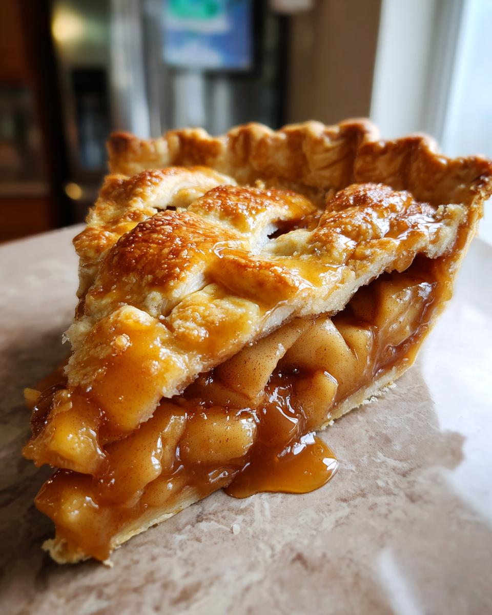 A close-up of a slice of Irresistible Caramel Apple Pie, showcasing the flaky crust and gooey caramel apple filling.