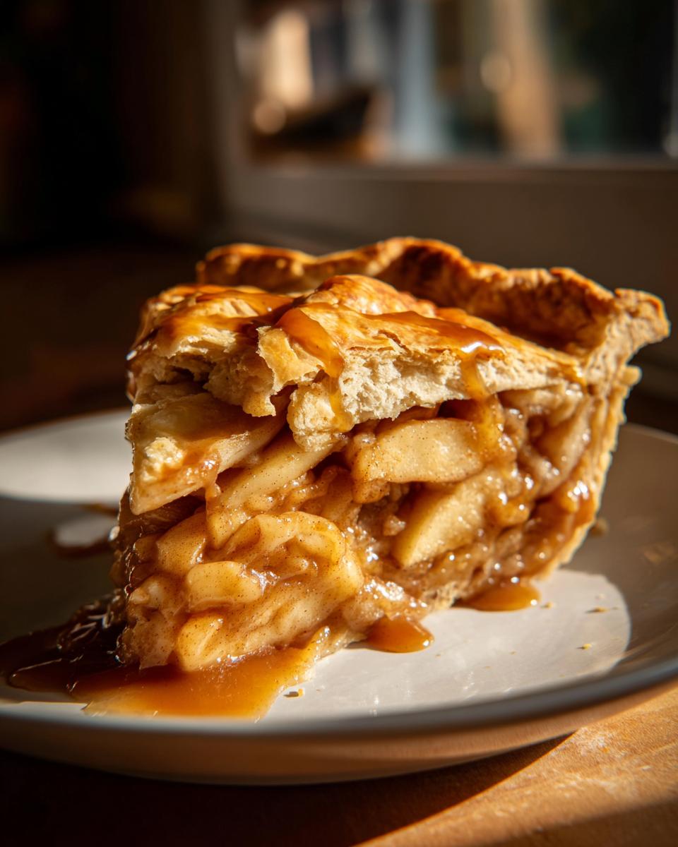 A generous slice of Irresistible Caramel Apple Pie, showcasing flaky crust and gooey apple filling drizzled with caramel.