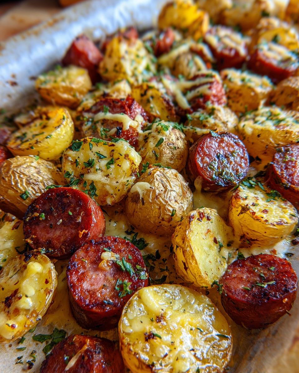 Close-up of irresistible cheesy ranch potatoes and smoked sausage, baked to perfection with melted cheese and herbs.