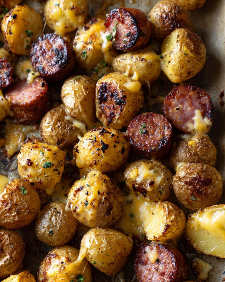 Close-up of Irresistible Cheesy Ranch Potatoes and Smoked Sausage baked on a sheet pan, with melted cheese and herbs.