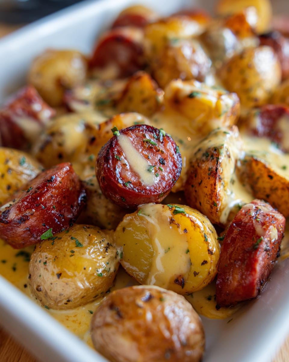 Close-up of irresistible cheesy ranch potatoes and smoked sausage in a white dish, drizzled with sauce and sprinkled with herbs.