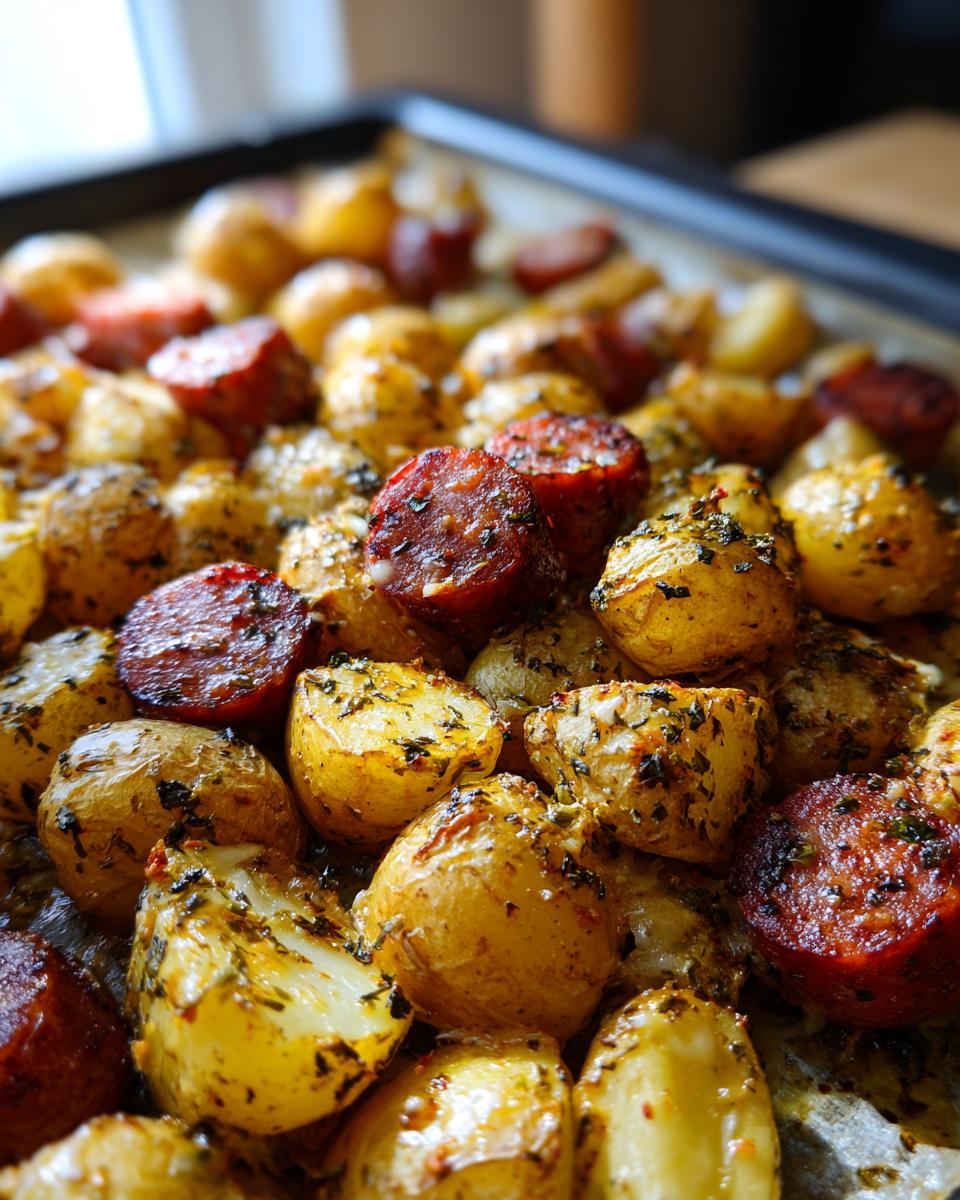 Close-up of Irresistible Cheesy Ranch Potatoes and Smoked Sausage baked on a sheet pan, seasoned with herbs.