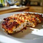 Close-up of Irresistible Copycat Longhorn Parmesan Crusted Chicken, sliced to show juicy interior and golden-brown crust.