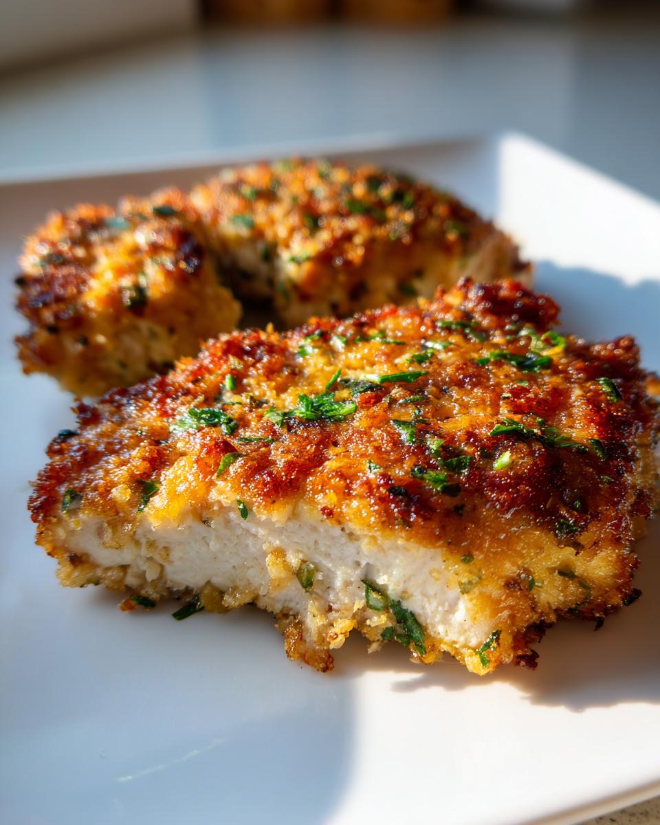 Close-up of Irresistible Copycat Longhorn Parmesan Crusted Chicken, showing the golden-brown crust and juicy interior.
