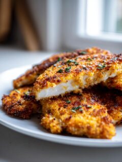 Close-up of Irresistible Copycat Longhorn Parmesan Crusted Chicken on a white plate, garnished with herbs.