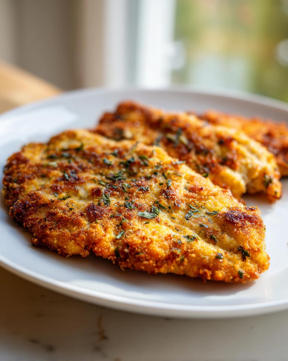Close-up of Irresistible Copycat Longhorn Parmesan Crusted Chicken on a white plate, garnished with herbs.