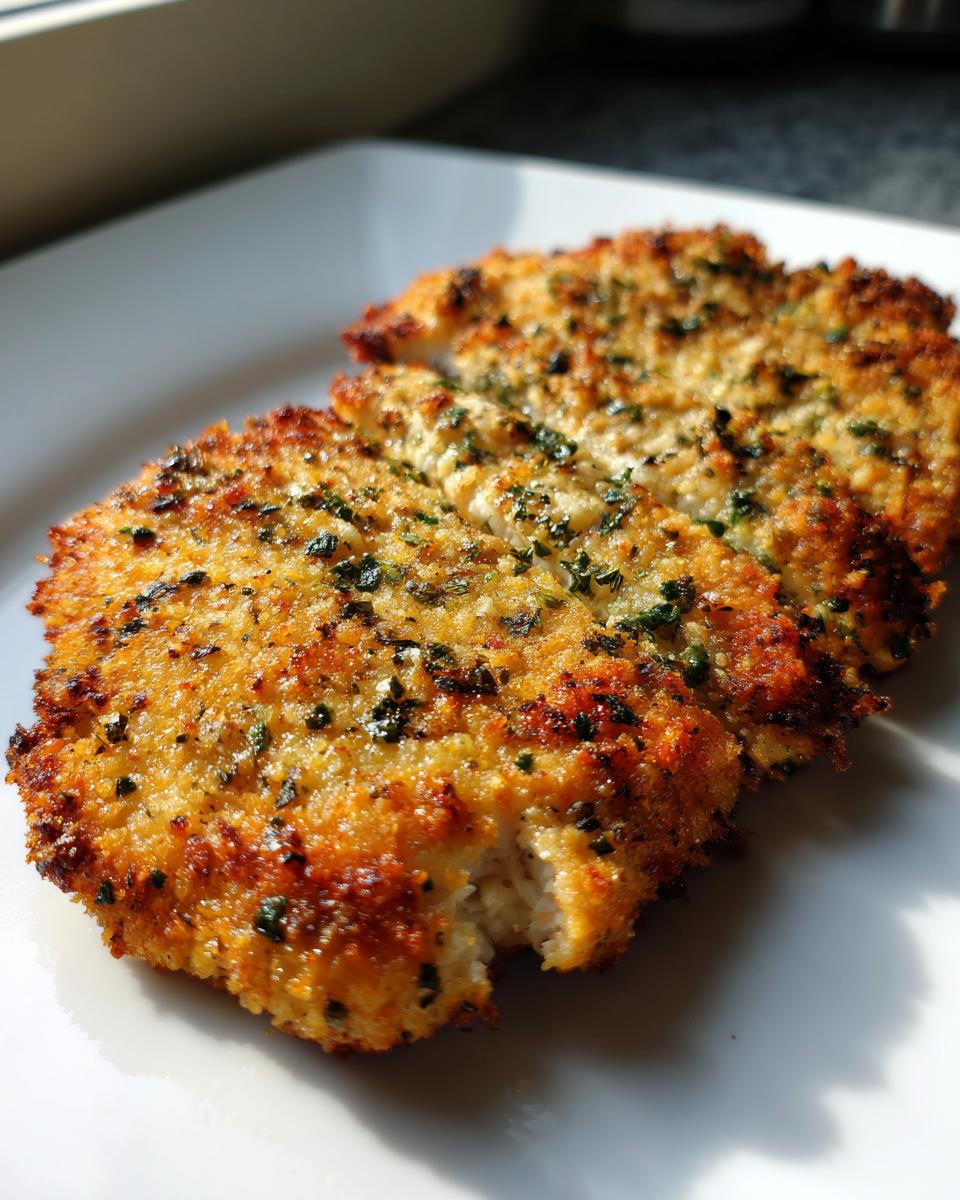 Close-up of two pieces of Irresistible Copycat Longhorn Parmesan Crusted Chicken on a white plate, golden brown and seasoned with herbs.