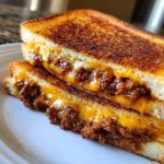 Close-up of two halves of an Irresistible Grilled Cheese Sloppy Joes sandwich, showing melted cheese and savory filling.