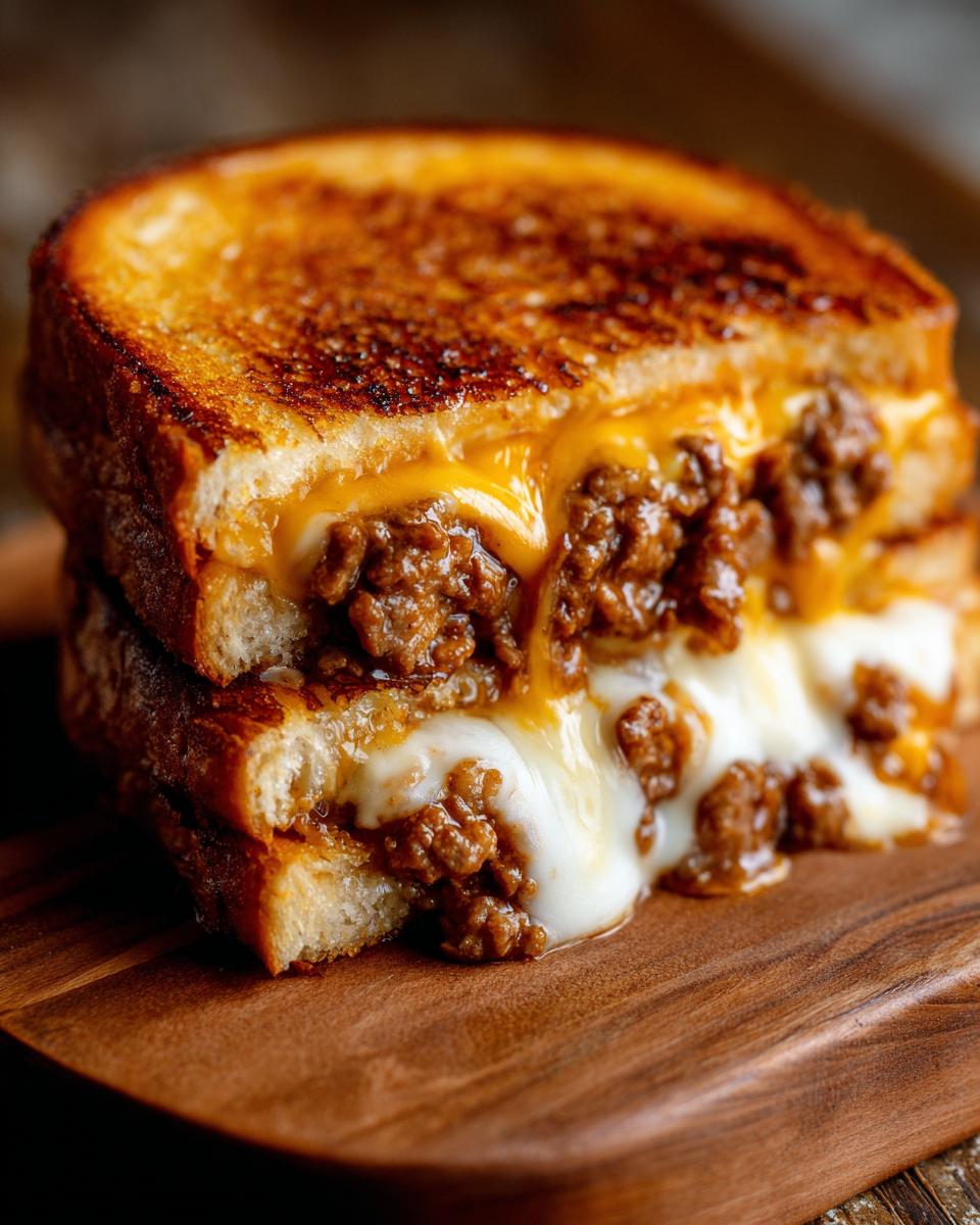 Close-up of an Irresistible Grilled Cheese Sloppy Joes sandwich with gooey melted cheese and savory meat filling.