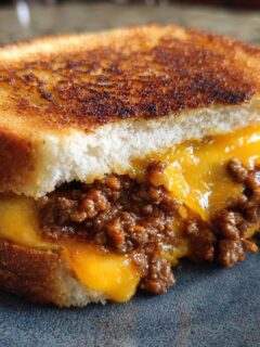 Close-up of an Irresistible Grilled Cheese Sloppy Joes sandwich with melted cheese and savory meat filling.