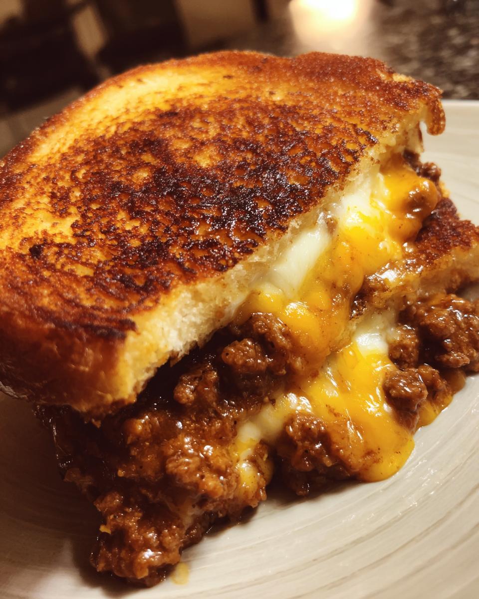 Close-up of an Irresistible Grilled Cheese Sloppy Joes sandwich with melted cheese and savory meat filling.