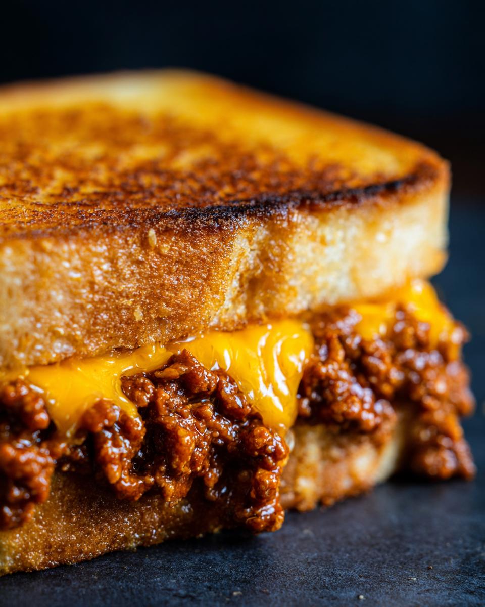 Close-up of an Irresistible Grilled Cheese Sloppy Joes sandwich, showing melted cheese and savory filling.