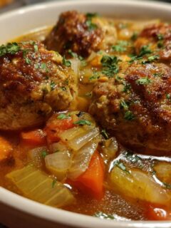 Close-up of a bowl of Irresistible Italian Meatball Soup with tender meatballs and hearty vegetables.