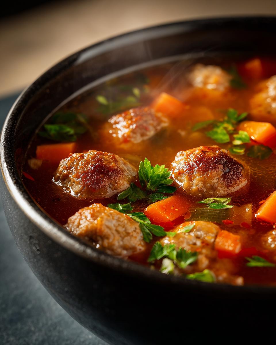 Close-up of a steaming bowl of Irresistible Italian Meatball Soup with carrots and parsley.