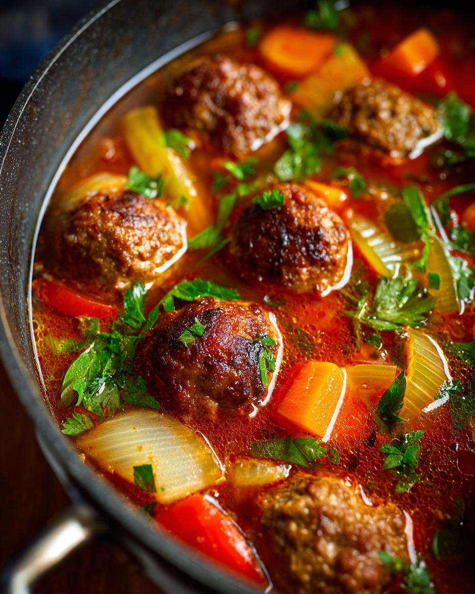 A close-up view of Irresistible Italian Meatball Soup in a pot, featuring tender meatballs, carrots, onions, and fresh parsley.