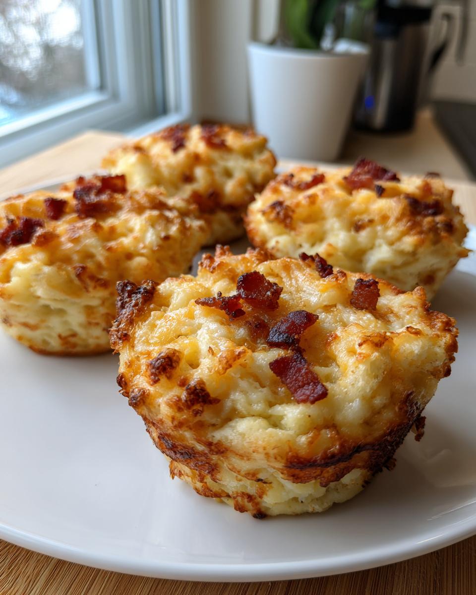 Close-up of Irresistible Mashed Potato Cups Recipe, topped with crispy bacon and melted cheese.