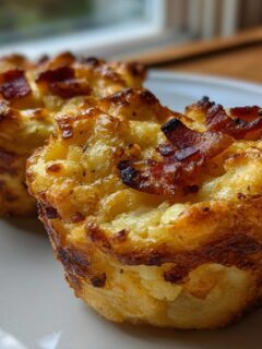 Two Irresistible Mashed Potato Cups Recipe for Comfort Food Lovers topped with crispy bacon on a white plate.