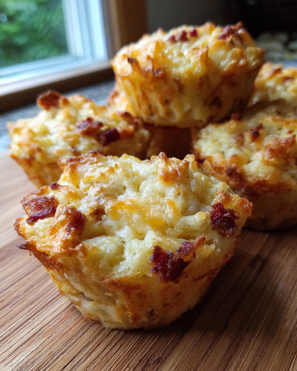 Close-up of Irresistible Mashed Potato Cups with crispy bacon bits baked into a golden-brown crust.
